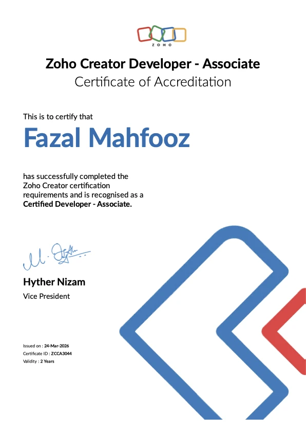 Fazal Mahfooz - Zoho Creator Associate certification