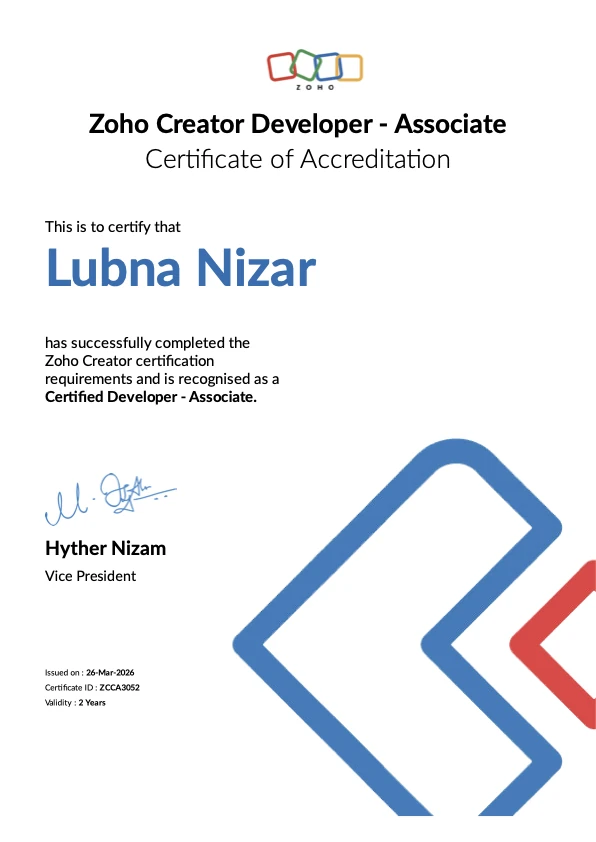 Lubna Nizar - Zoho Creator Associate certification