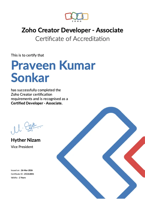 Praveen Sonkar - Zoho Creator Associate certification