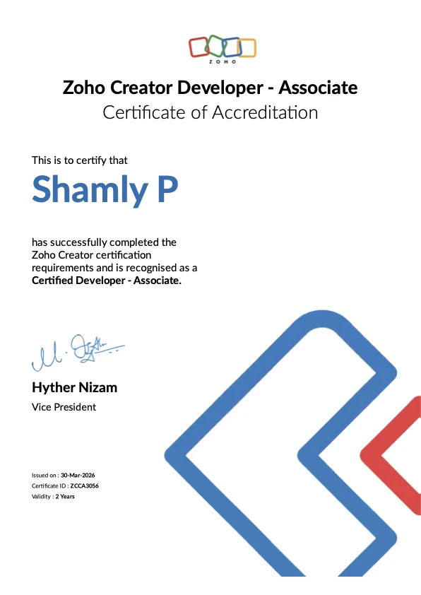 Shamly P - Zoho Creator Associate certification