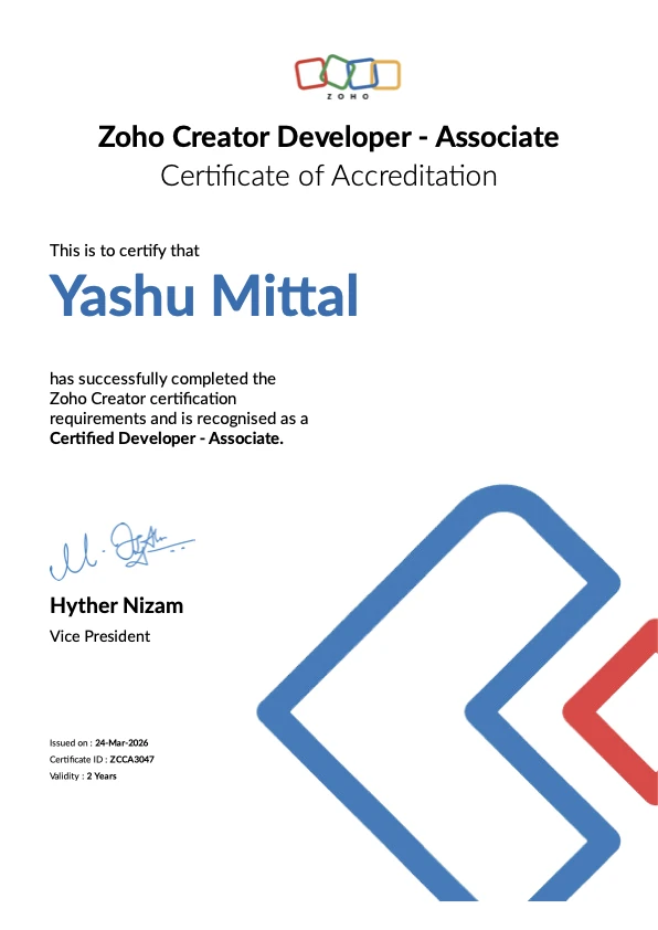 Yashu Mittal - Zoho Creator Associate certification
