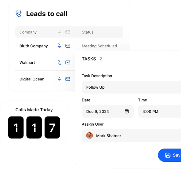 Zoho CRM leads, tasks and calls mockup