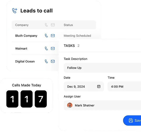 Zoho CRM leads, tasks and calls mockup