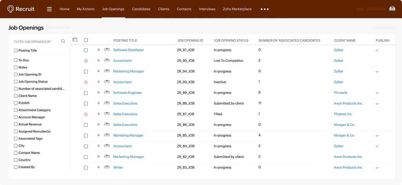 Job openings and clients